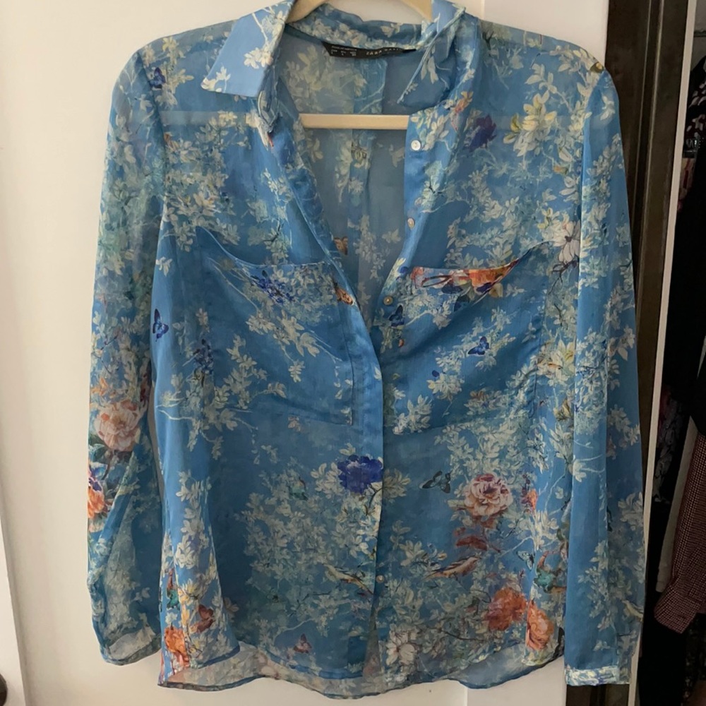 Sheer floral blue blouse